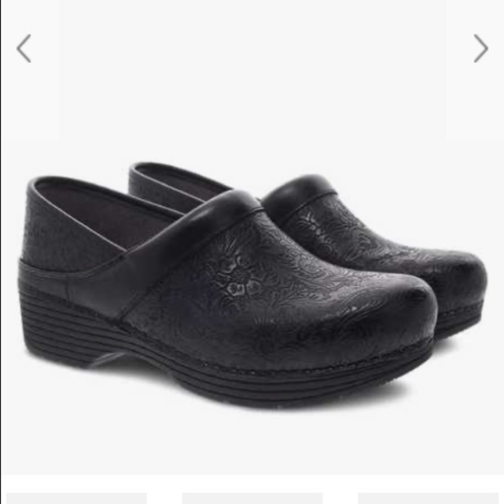 Dansko LT black floral tooled - clogs